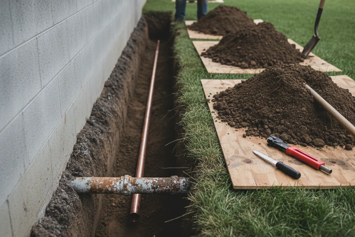 Excavated water line trench during Water Softener Installation in Corbett